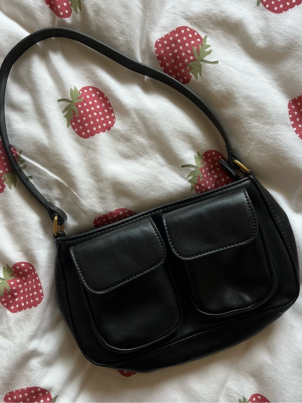 Brandy Melville Classic Black Leather Shoulder Bag with Front Pockets